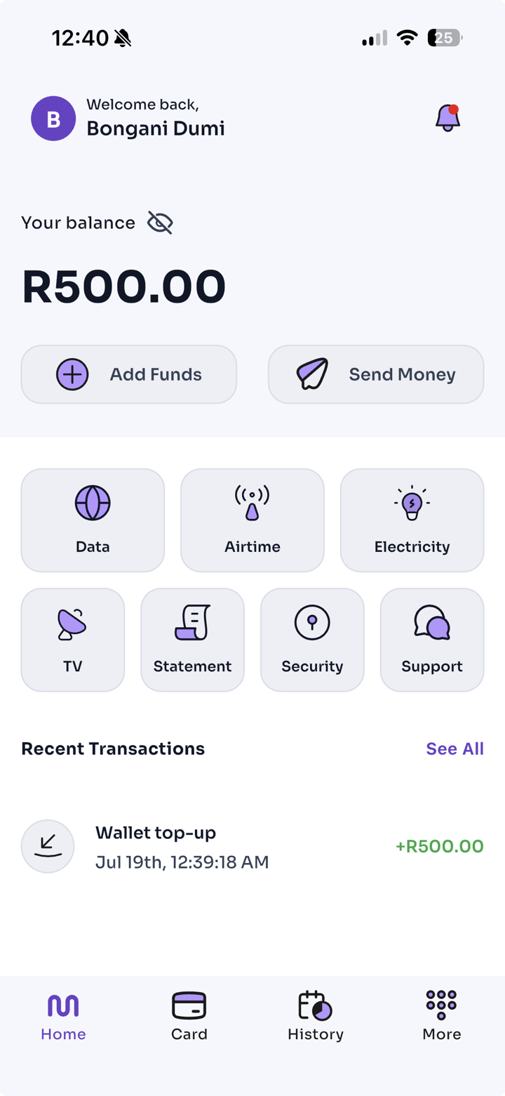 Entpay app dashboard showing balance, quick actions and recent transactions